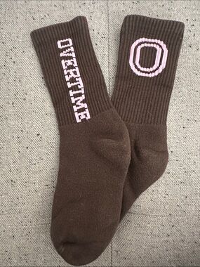 Overtime Brown Crew Socks with Pink 'O' and Text